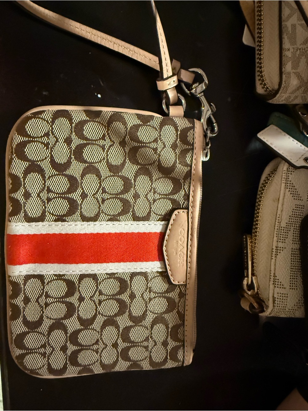 Coach Brown Signature wristlet with Red Stripe